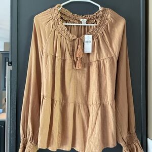 American Eagle Outfitters Tan Smocked Tie Front Blouse